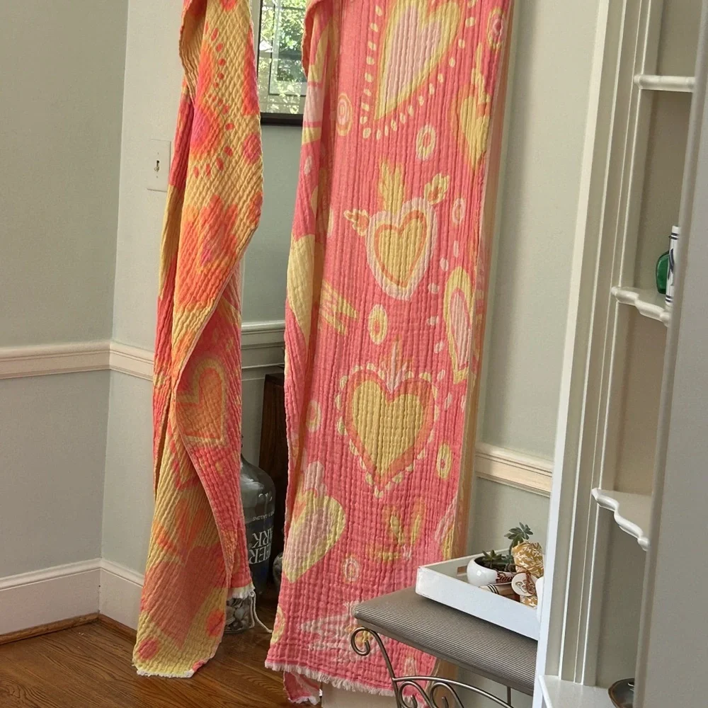 Pink and Yellow Heart Patterned Curtain Set of 2 Organic Cotton Loom Weave NEW